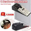 A black door stop alarm device with a red light, shown in various angles.