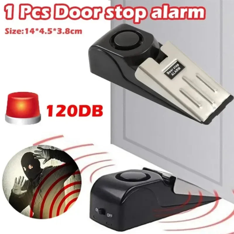 A black door stop alarm device with a red light, shown in various angles.