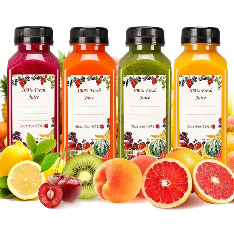 A collection of twenty juice bottles in various colors like red, orange, and green, surrounded by fresh fruit.