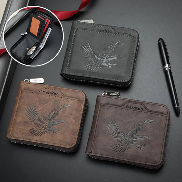 A black leather card wallet with an embossed eagle design and a red ribbon, alongside a brown leather version.