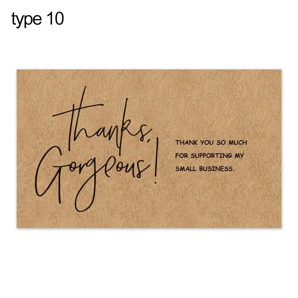 A brown kraft paper tag with handwritten black text that says Thanks Gorgeous thank you so much for supporting my small busin