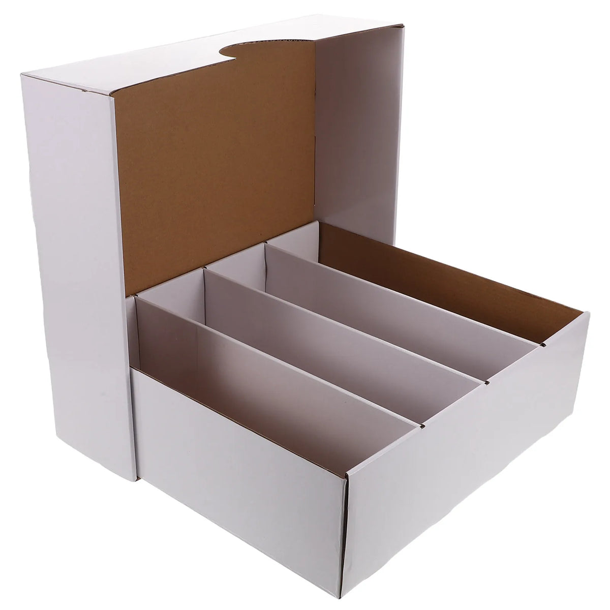 A white cardboard box with a brown interior, designed for storing trading cards.