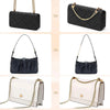 Black quilted leather purse with gold chain strap and buckle details