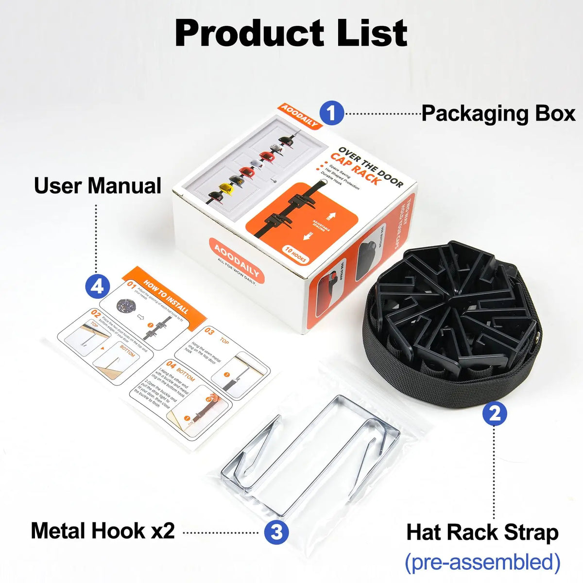 Product list showing a packaging box, user manual, metal hooks, and a pre-assembled hat rack strap.