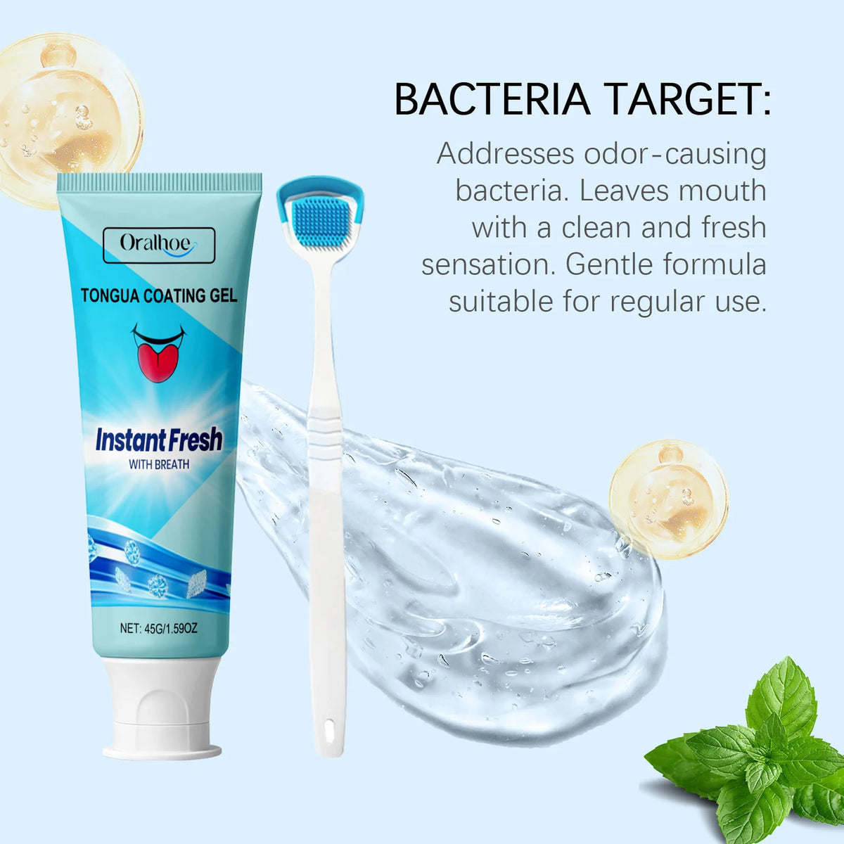 Oralhoe Instant Fresh Tongue Coating Gel tube and brush with water droplets
