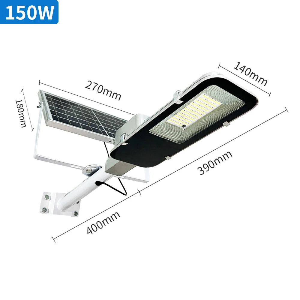 A solar street light fixture with a solar panel and LED light, shown in a side view with various dimensions.