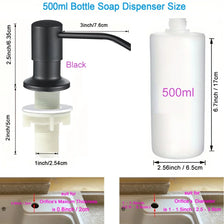 A black stainless steel pump liquid soap dispenser bottle with a white pump mechanism and various size dimensions shown.