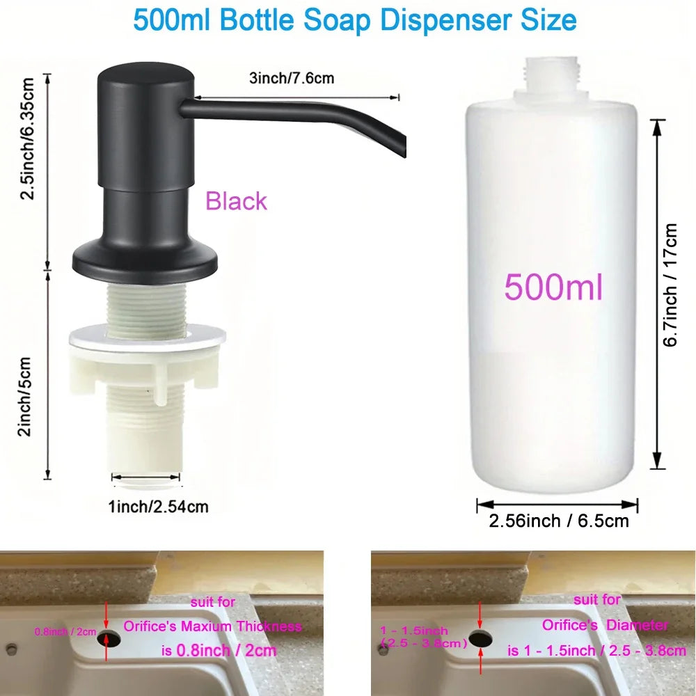 A black stainless steel pump liquid soap dispenser bottle with a white pump mechanism and various size dimensions shown.
