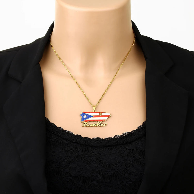 Stainless Steel Puerto Rico Map Pendant Necklace