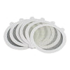A stack of white mesh filters used as disposable shower drain hair catchers for sinks and floor drains.