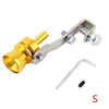 A brass turbo sound whistle with a metal clamp and rod for car exhaust pipe.