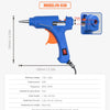 A blue hot melt glue gun with a 7mm tip and accessories shown next to product parameters.