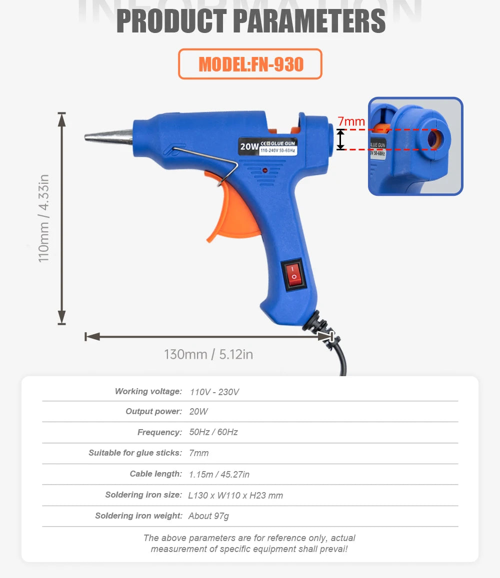 A blue hot melt glue gun with a 7mm tip and accessories shown next to product parameters.