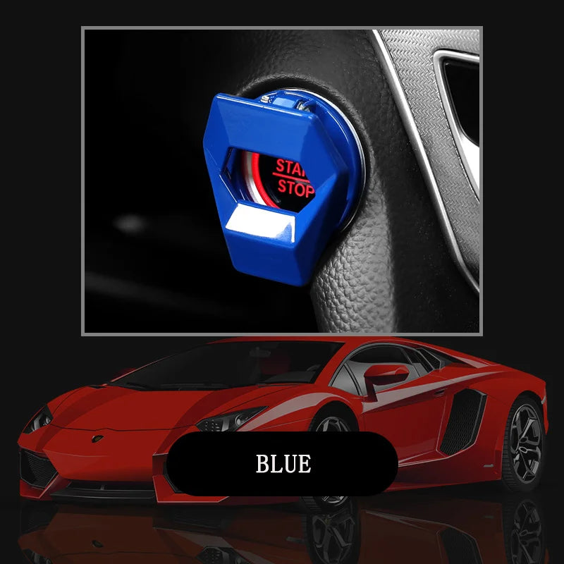 A close-up of a blue aluminum alloy engine start button cover on a red sports car dashboard.