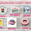 A variety of custom vinyl stickers including die cut, circle, rectangle, square, oval, bumper, kiss cut, clear, and rounded s