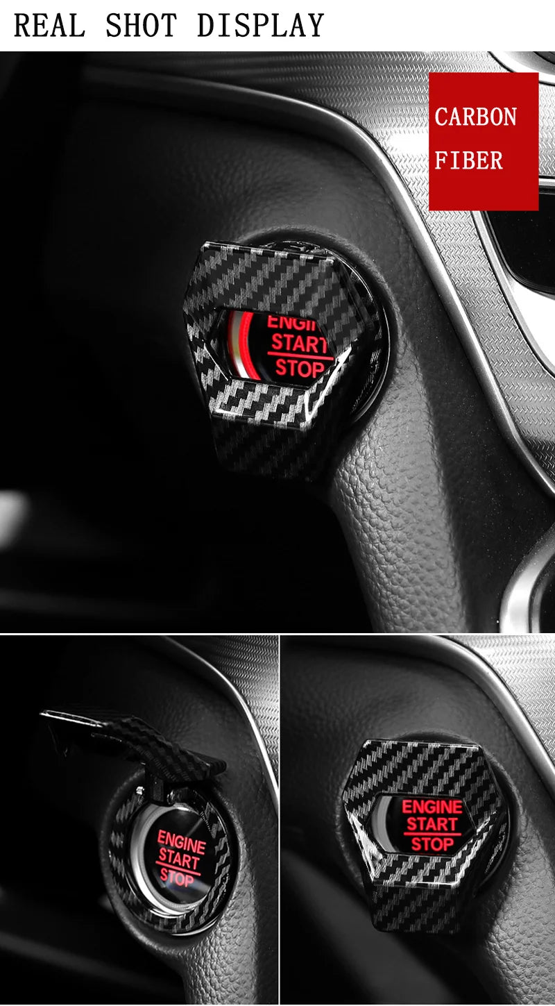 Close-up of a carbon fiber engine start stop button cover installed on a car interior panel.