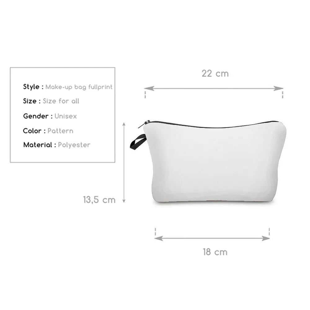 Sac cosmétique blanc avec un motif complet, vue de profil et de dessus.