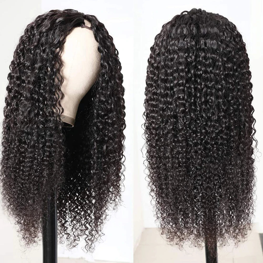 Gros plan d'une perruque en cheveux humains bouclés et frisés noirs en forme de U sur un mannequin.