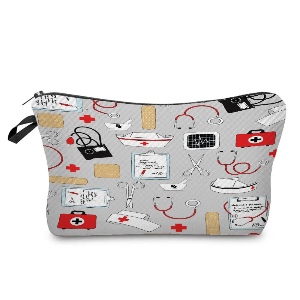 A gray fabric makeup bag featuring various medical and ECG-themed illustrations.