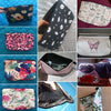A collection of various makeup bags featuring floral, animal print, and nature-themed designs.