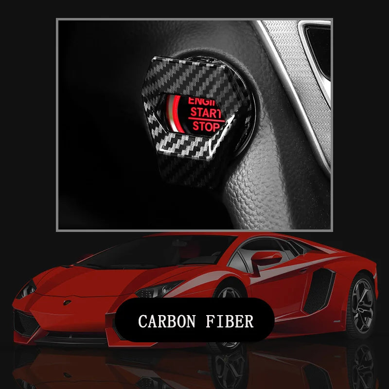 Close-up of a carbon fiber engine start button cover for an aluminum alloy engine.