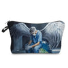 A black makeup bag featuring a printed design of angel wings and a person wearing a face mask.