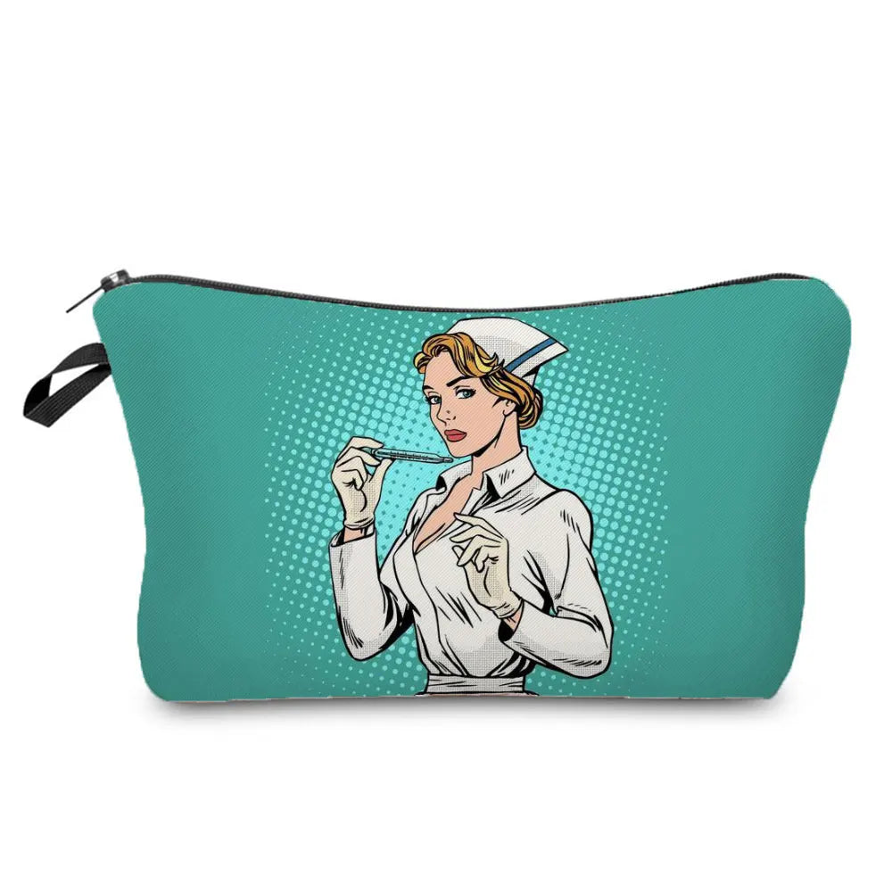A teal makeup bag featuring an illustration of a nurse with a white cap and stethoscope.