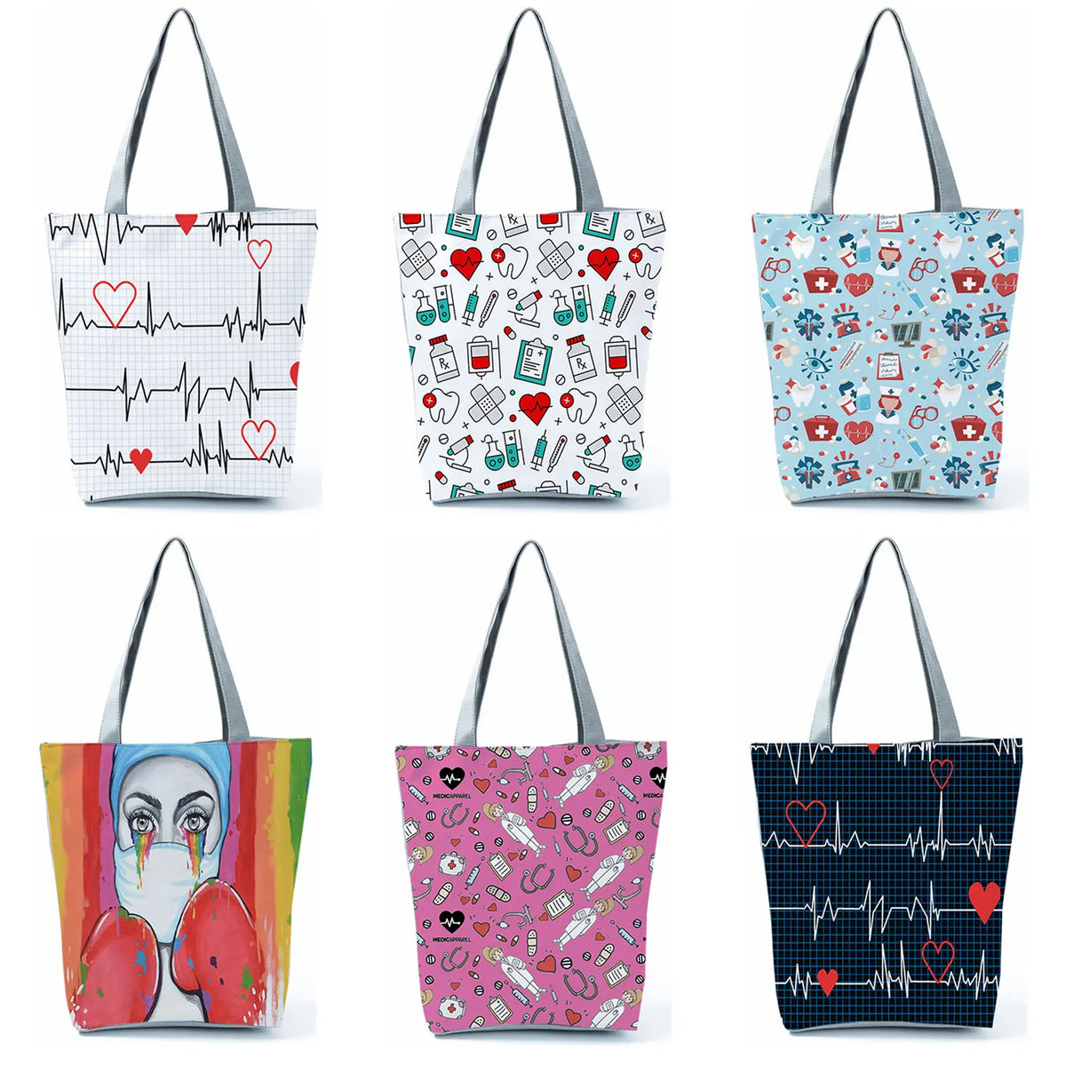 A set of four fabric tote bags featuring various ECG and medical symbols in red, green, and blue colors.