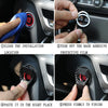 Step-by-step instructions showing how to install an aluminum alloy engine start button cover on a car interior.