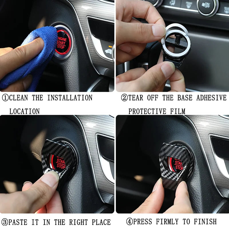 Step-by-step instructions showing how to install an aluminum alloy engine start button cover on a car interior.
