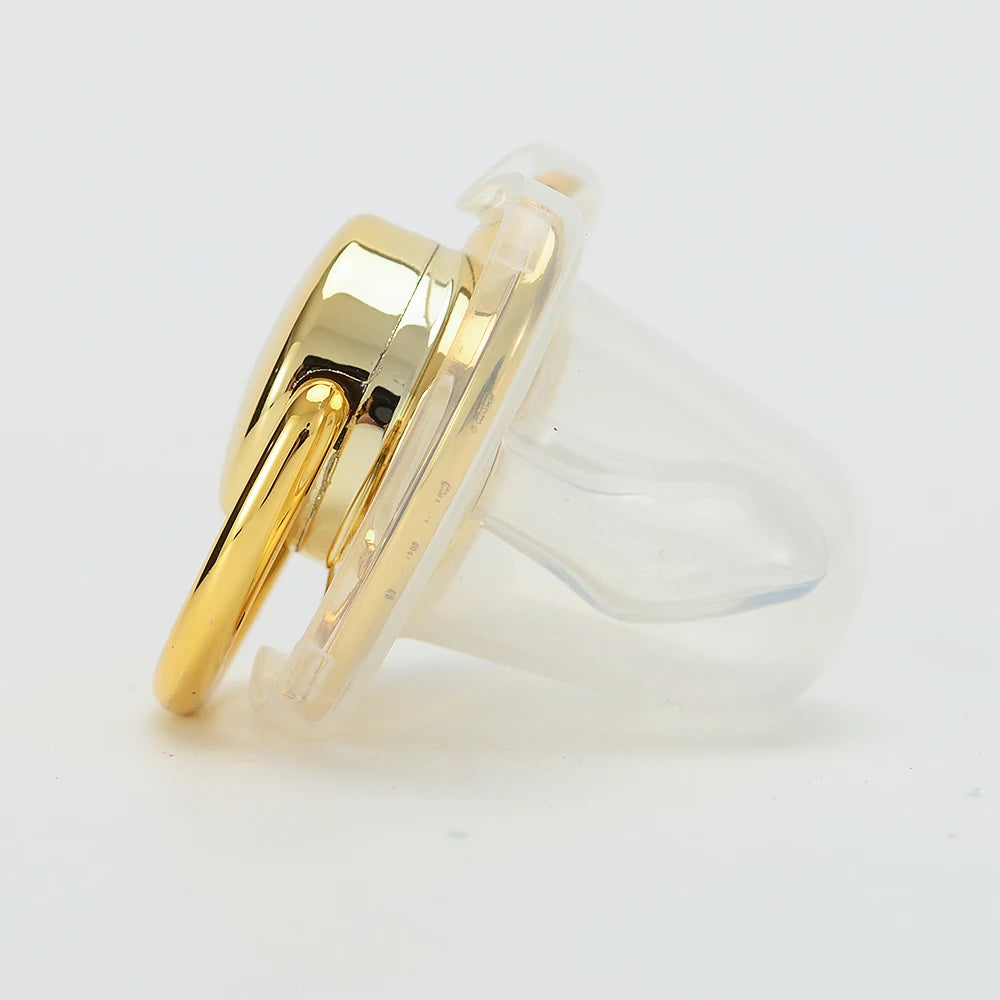 A clear silicone pacifier and clip set with a gold-colored plastic component.