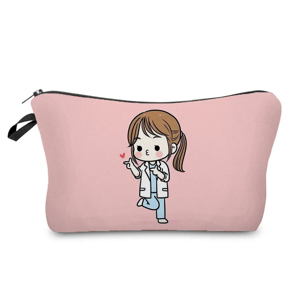 A pink makeup bag with a zipper closure featuring a cute girl illustration.
