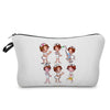 A white makeup bag with a zipper closure featuring illustrations of nurses and medical staff.