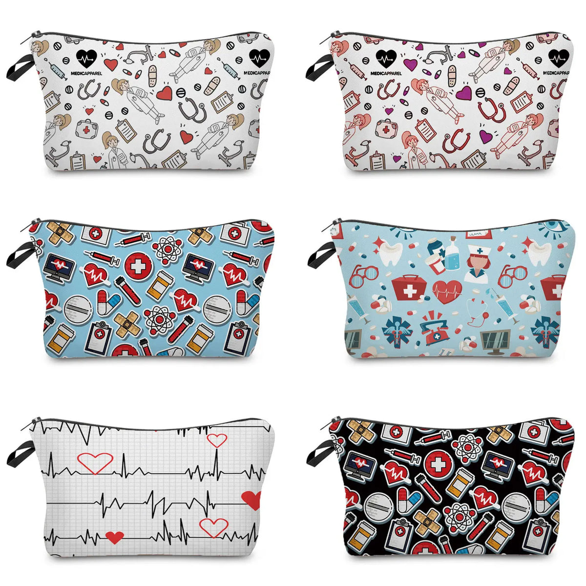 A collection of various ECG print nurse-themed makeup bags featuring different patterns and designs.
