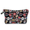 A black and white patterned makeup bag featuring various medical symbols like ECG lines, hearts, and chemical structures.