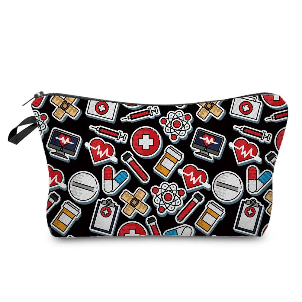A black and white patterned makeup bag featuring various medical symbols like ECG lines, hearts, and chemical structures.