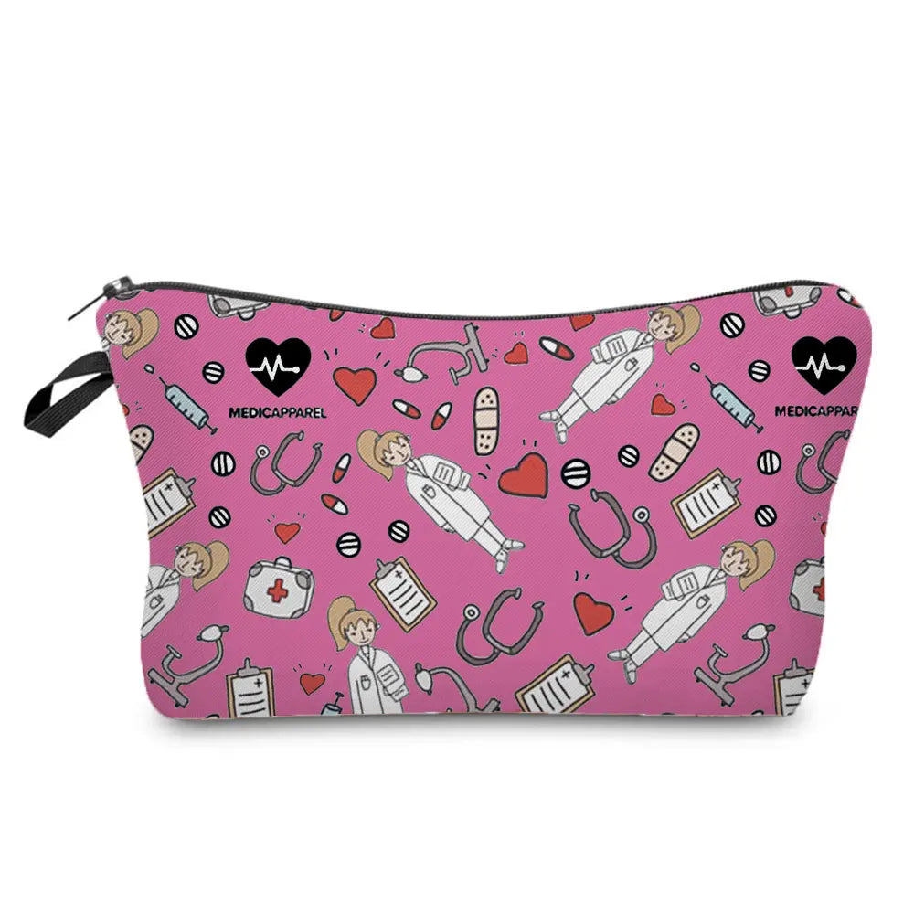 A pink fabric makeup bag with an ECG print featuring medical symbols and nurse illustrations.