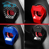 Close-up view of various colored engine start stop buttons for automotive use.