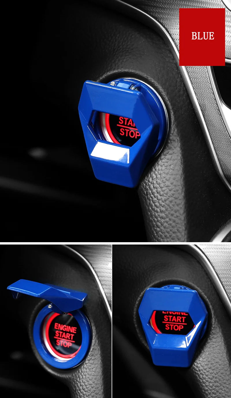 Close-up of a blue aluminum alloy engine start stop button cover on a car interior panel.