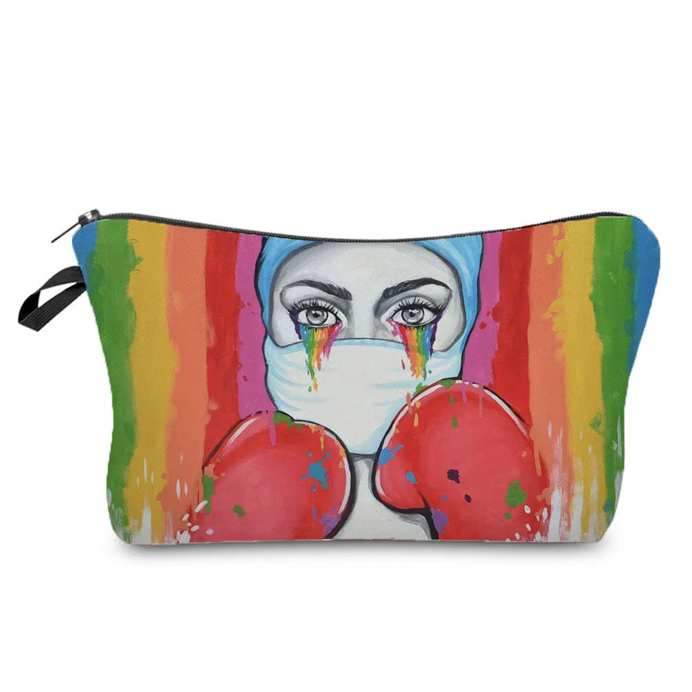A makeup bag featuring an ECG print nurse theme with a zipper closure, displaying a face with dripping makeup.