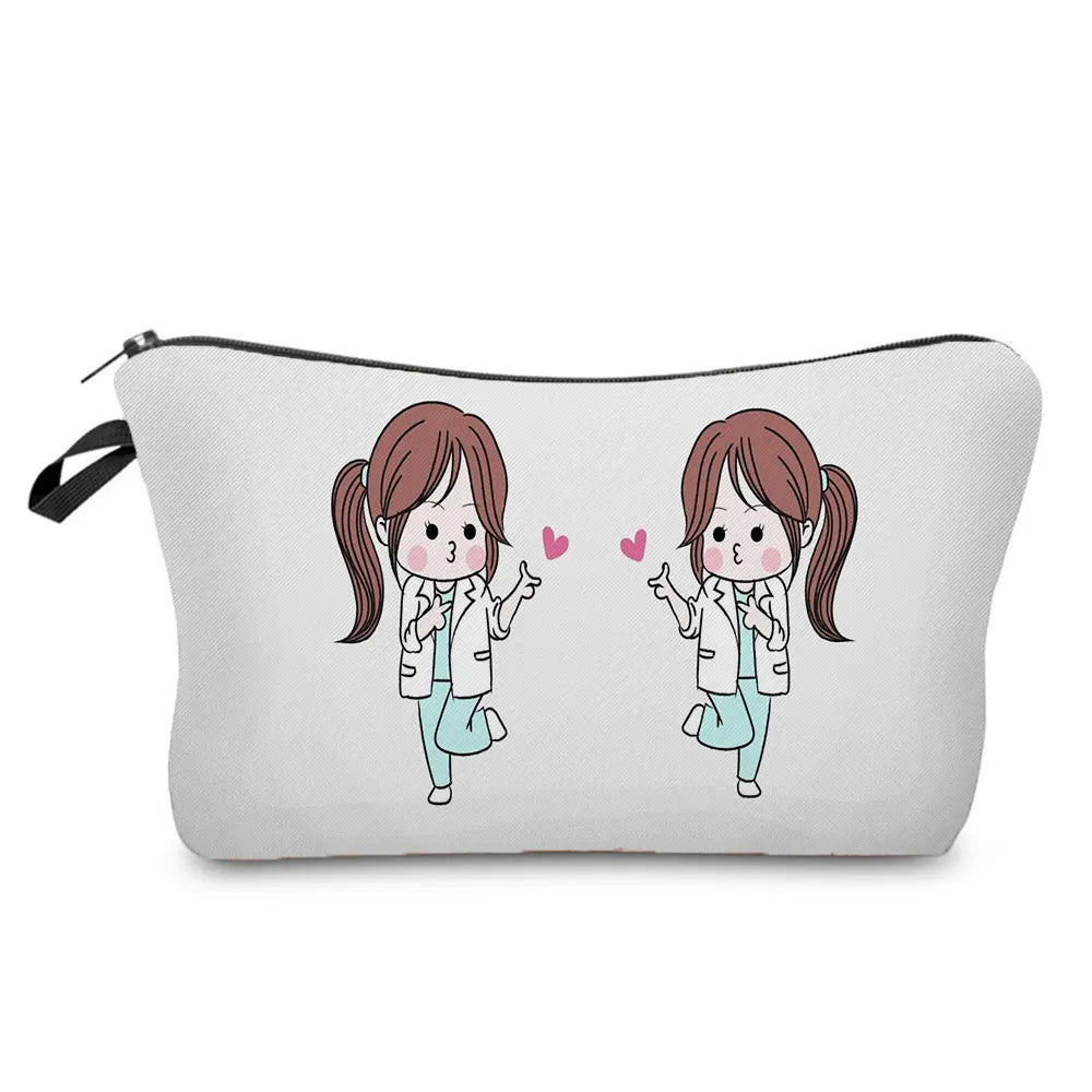 A white zippered pouch featuring two cartoon girls dressed as nurses with pink hair and medical coats.