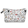 A black and white print nurse-themed makeup bag with a zipper closure featuring various medical icons and female figures.