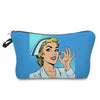 A blue makeup bag featuring an illustration of a blonde nurse with a striped cap and a peace sign gesture.