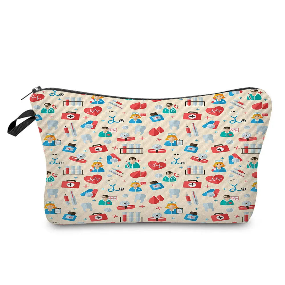 A cosmetic makeup bag featuring an ECG print and nurse-themed illustrations with a zipper closure.