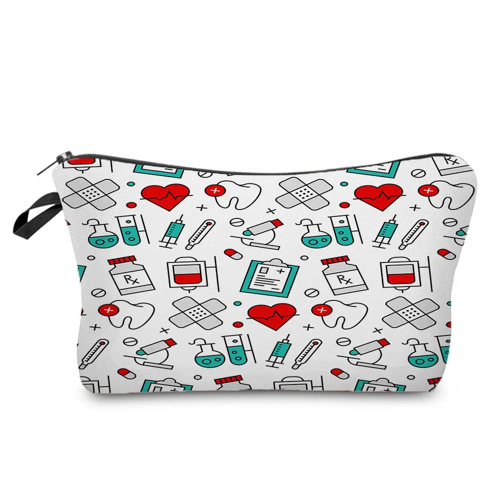 A black and white print nurse-themed makeup bag with a zipper closure featuring medical symbols like hearts, teeth, and ECG l