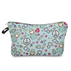 A makeup bag featuring an ECG print and nurse-themed illustrations of doctors and medical tools.