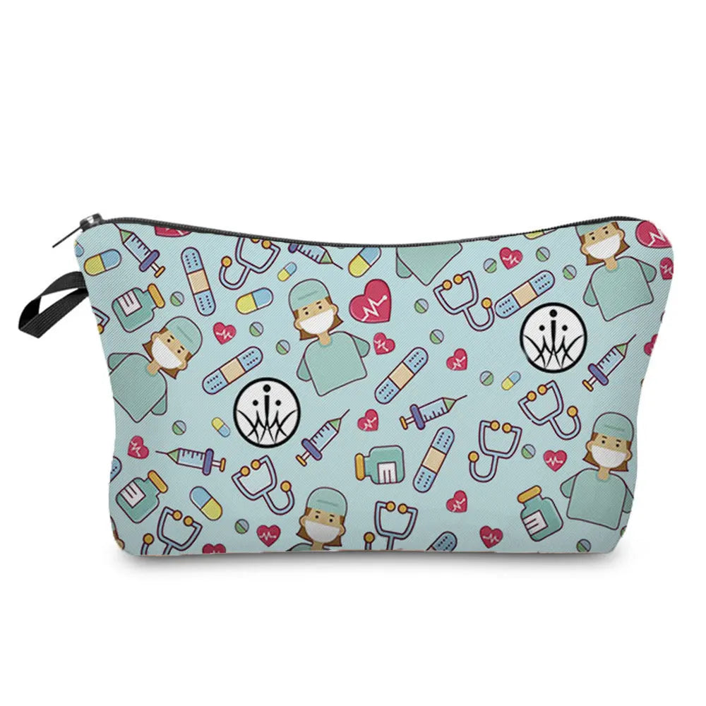 A makeup bag featuring an ECG print and nurse-themed illustrations of doctors and medical tools.