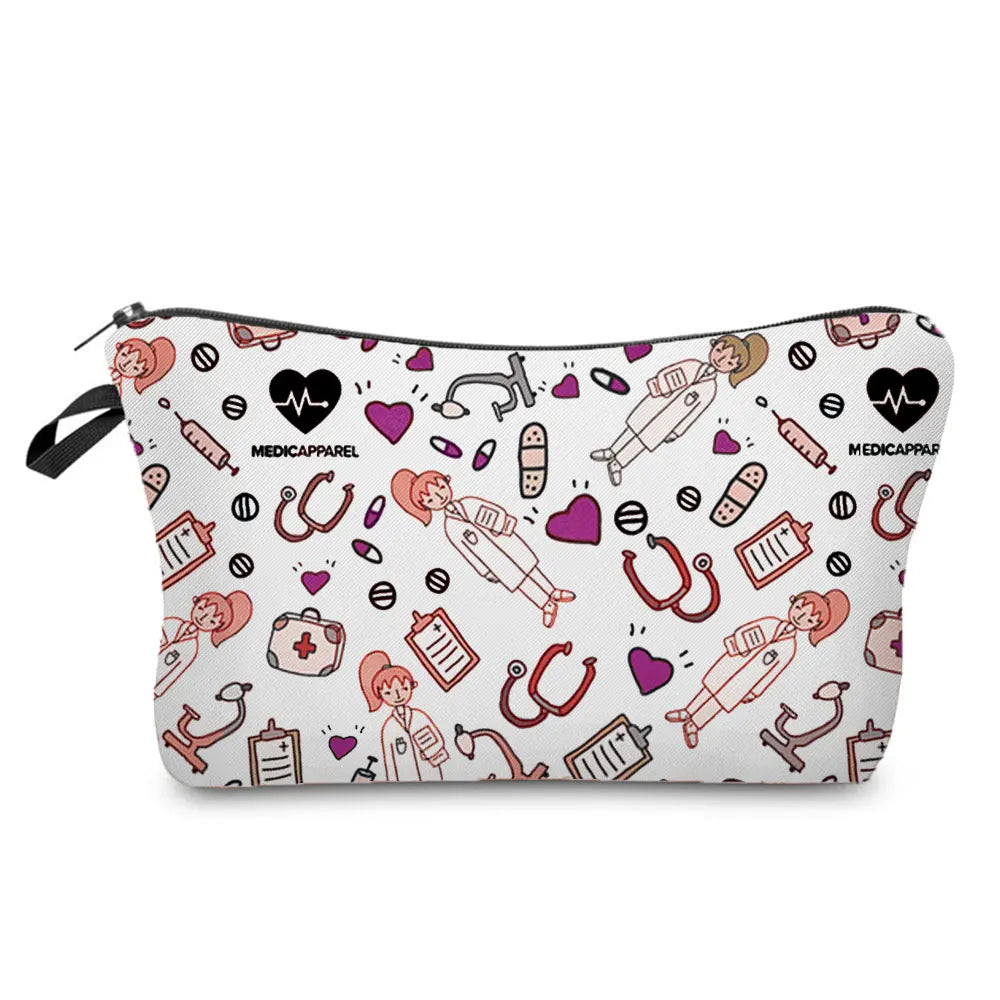 A pink and black patterned makeup bag featuring various medical and nurse-themed icons like a heart ECG monitor and syringe.