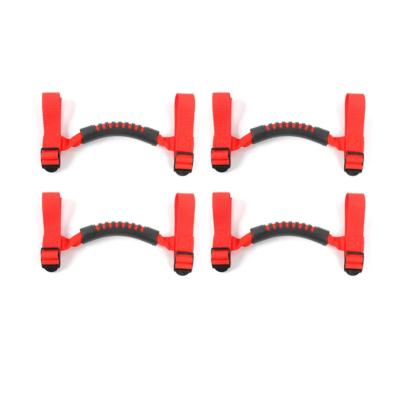 Four red and black pull tab grab handles for Jeep Wrangler roll bar mounts