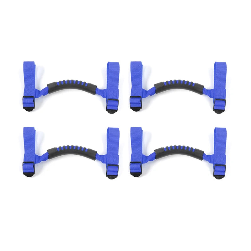 Four blue Jeep Wrangler grab handle mount arms with black pull tabs for roll bar installation